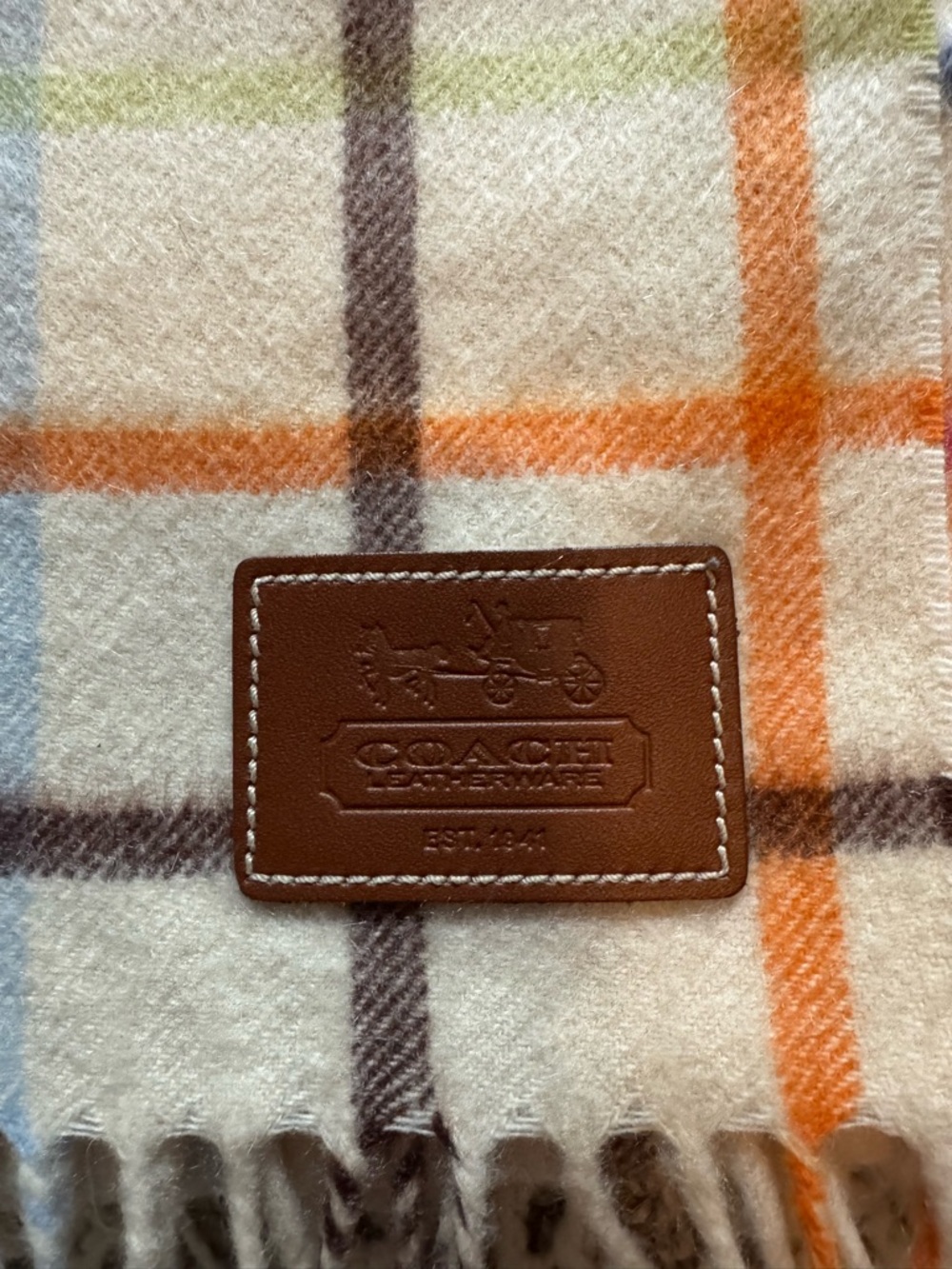 Coach Vintage 100% Cashmere Plaid Tattersall Scarf Ivory Multi-Color Fringed - Picture 2 of 5